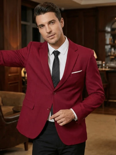 Men's 2 Pieces Burgundy Suit Set Slim-Fit Formal Blazer & Black Striped Tie Ideal For Gala Dinners Wedding Occasions Business Events & Elite Social Gatherings Perfect For Daily Commute Work Meetings & Professional Corporate Looks Ideal For Wedding Ceremonies Groom Attire & Luxury Gala Evenings Perfect For Wedding Gala & Business Occasions