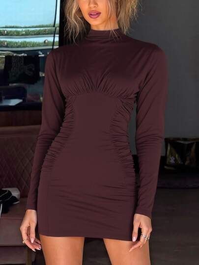 Đầm ngắn ôm sát tay dài, màu trơn, xếp ly, tôn dáng dành cho nữ, đa năng.