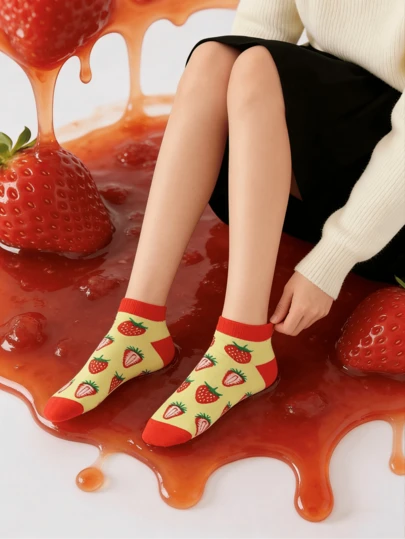 3/7 双装鲜艳水果派对袜，可爱卡通水果短袜，活泼可爱，适合日常穿着