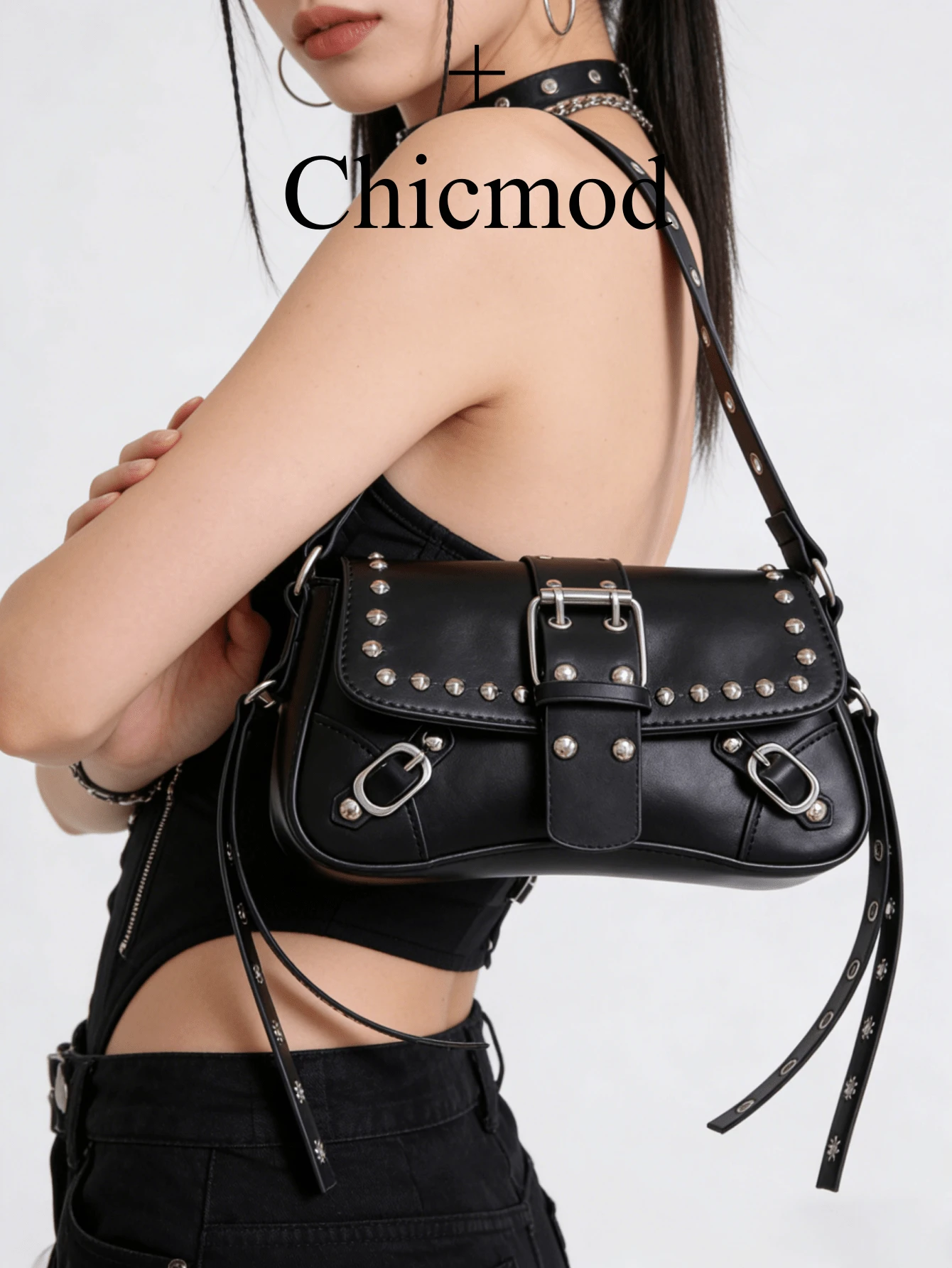 1pc Women's Retro Maillard Moto Punk Rivet Decor Adjustable Shoulder Strap Large Capacity Soft Faux Oiled Leather Gradient Color Shoulder Underarm Bag, Suitable For Work, Commute, Date, Party
