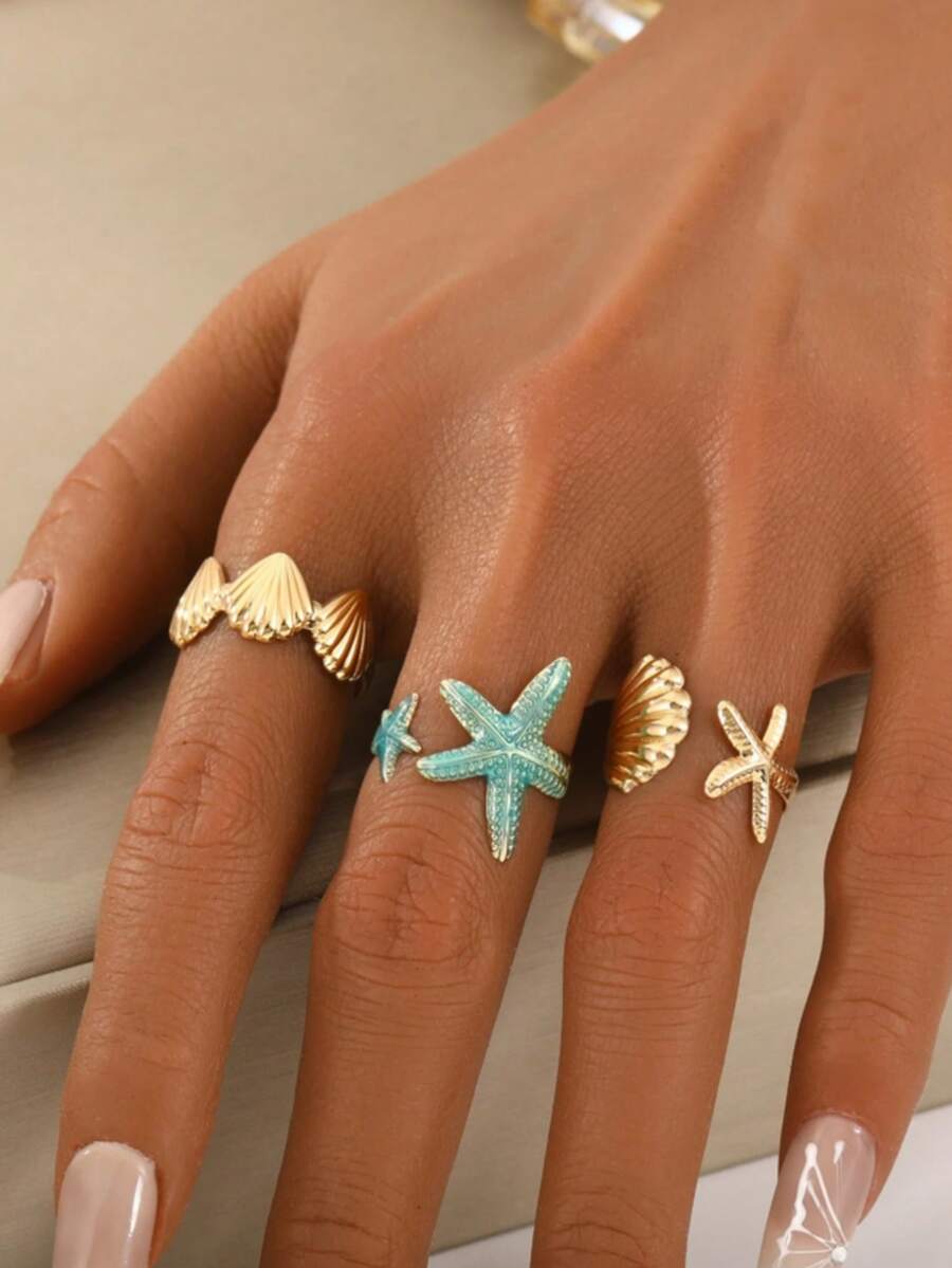 Bộ nhẫn hở chủ đề đại dương hình sao biển và vỏ sò màu xanh dương. - Nhiều màu - Xem 1