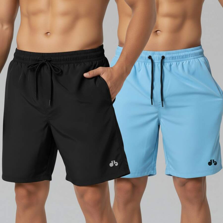 Kit Of 2 Men's Lightweight Tactel Shorts, Quick-Drying, Comfortable For Training And Everyday Wear - NEGRO/AZUL CLARO - Ver 1