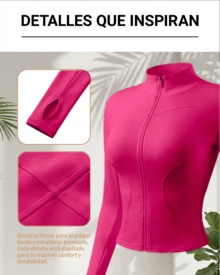 Chaqueta deportiva de manga larga con cremallera de color liso para mujer, corte ajustado y puños con abertura para el pulgar, ideal para fitness, yoga y running. - Rosa de fresa - Ver 6