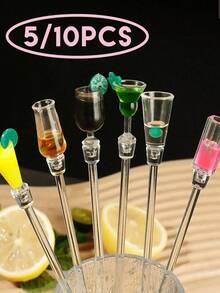 1/5/10pcs Acrylic Beverage Stir Sticks, Cocktail Stirring Spoons, Colorful Transparent Beverage Stir Sticks/Spoons, Suitable For Cocktail/Martini Mixing, Bar Party Decoration, Cute Long Handle Spoons, Suitable For Home, Desserts, (Random Style) - Multicolor - View 1