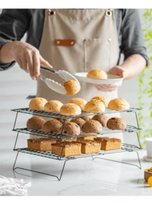 3-Tier Foldable Cooling Rack, Metal Wire Baking Tray, Stackable Dry Cooling Rack With Adjustable Height, Suitable For Camping Grilling, Cookies, Cakes Etc. - Quickly Cools Multiple Batches Of Cookies, Cakes Or Pastries, Can Be Used For Cooking, Baking, Cooling Cookies, Cakes And More. - Black - View 8