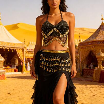 Bộ trang phục múa bụng phong cách Bohemian đính sequin hình đồng xu, áo cổ yếm và khăn quấn hông tua rua dành cho múa bụng phương Đông, lễ hội, tiệc tùng và biểu diễn sân khấu (Có nhiều màu sắc để lựa chọn)