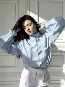 女士浅蓝色蕾丝边波西米亚风衬衫，长袖荷叶边立领纯棉纽扣衬衫，饰有褶裥，宽松版型，灯笼泡泡袖，复古法式风格，休闲通勤皆宜，浪漫 - 淺藍色 - 查看 3