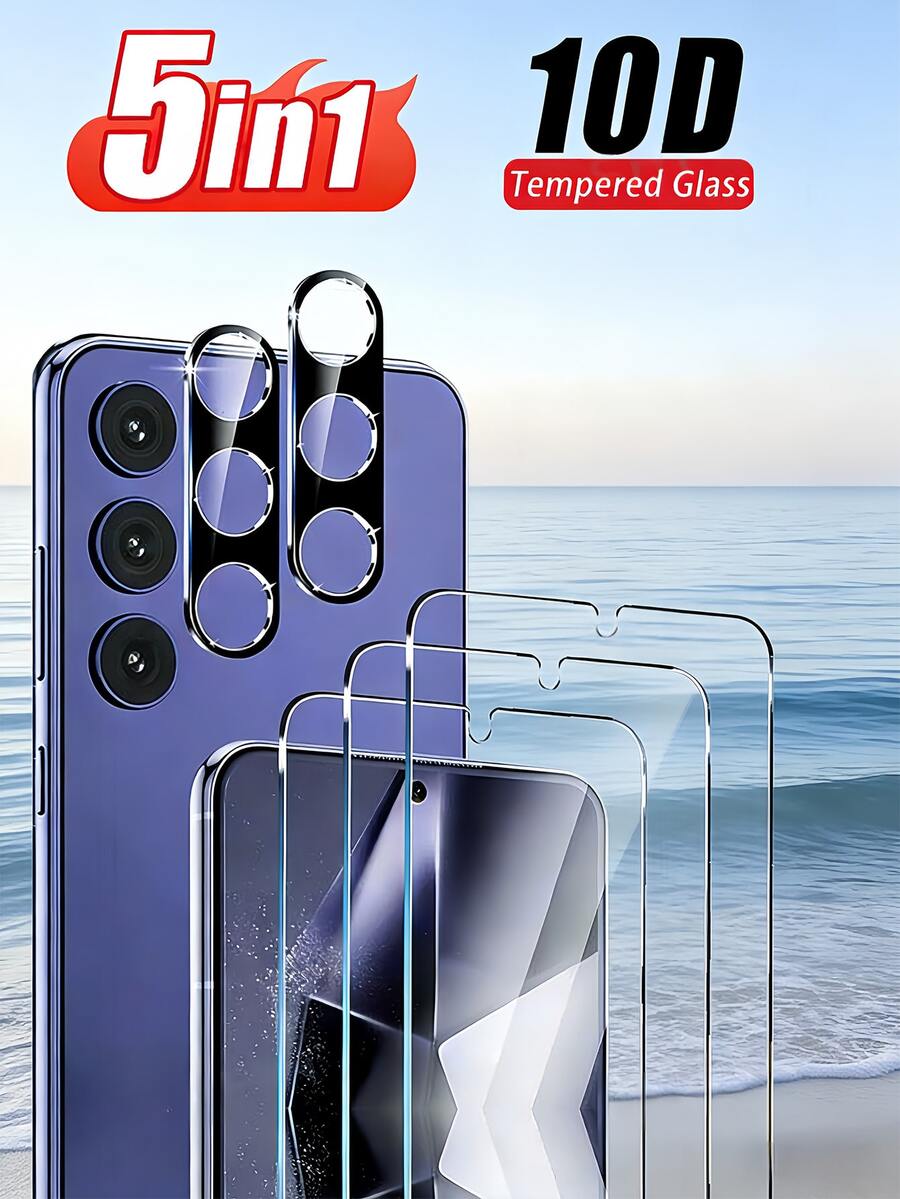 5合1 3片高清钢化玻璃屏幕保护膜，含2片摄像头保护膜，兼容三星Galaxy S21/S21 Plus/S22/S22 Plus/S23/S23 Plus/S24/S24 Plus/S24 Ultra/S25/S25 Plus/S25 Ultra/S26 Ultra/S26/S26 Plus/S21FE/S23FE/A54/A15/A31/A34/A35/A55，防水、防指纹、防摔、防刮、防撞。