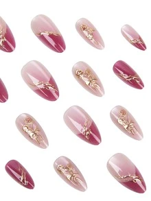 24Pcs Summer Red French Medium Almond Press On Nails, 3D Gold Foil Rose & Irregular Gold Lines, Pink Cat Eye Blush Fake Nails, Romantic Design For Date Night & Vacation - Red - View 2