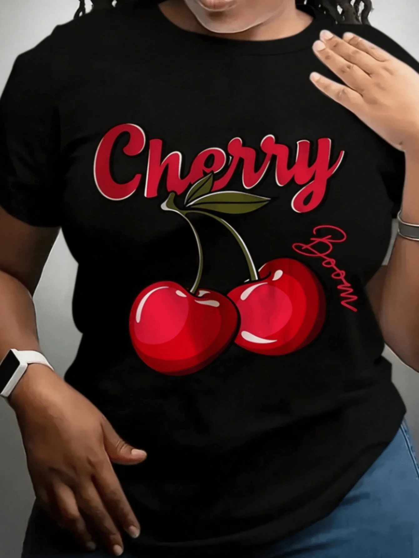 Women's Washed Cherry Graphic T-Shirt, Premium Quality Print & Hand-Picked Cherries Design, Summer Casual Top, Medium Elasticity Fabric - 黑色 - 查看 1