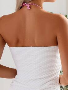 2026 New White Bubble Halter Tankini Set Red Paisley Print Side Drawstring Two Piece Swimwear - White - View 4