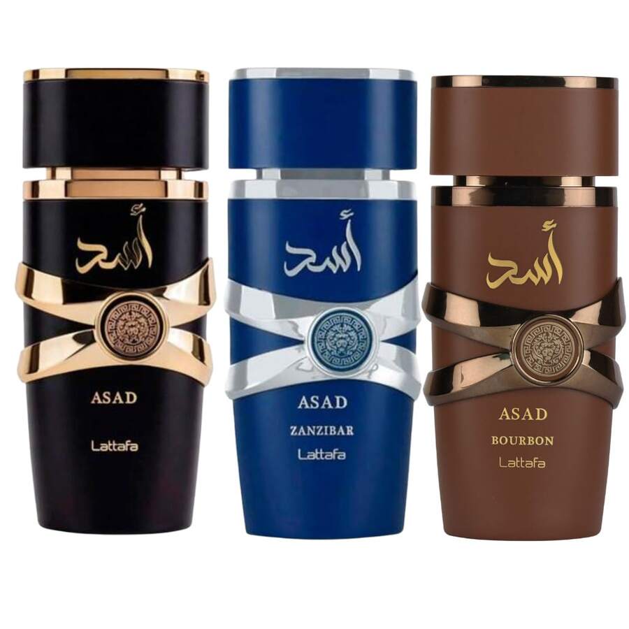 Lattafa Asad Collection Eau de Parfum for Men | 3 Fragrance Bundle (Asad, Zanzibar & Bourbon) | Spicy, Woody, Amber & Sweet | 3 * 3.4 oz / 100 ml - Múltiples aromas - Ver 1