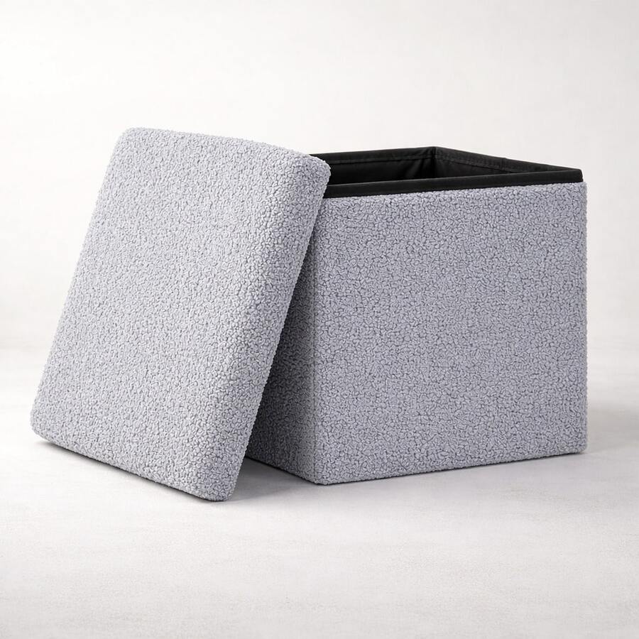 Reposapiés Compacto Tela Teddy 38x38x38cm Puff Decorativo Antideslizante En Color Negro o Gris Multifuncional Para Sala Dormitorio U Oficina. - Gris - Ver 1