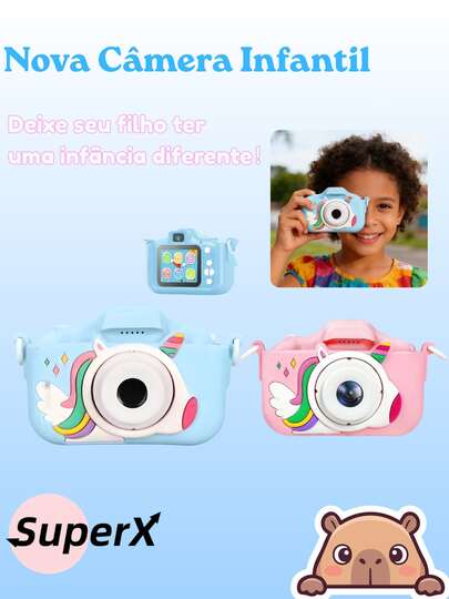 Mini Câmera Infantil Recarregável com Capa, Fotos, Vídeos e Jogos