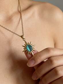 MECYLIFE 1pc European And American Fashion Stainless Steel Sunburst Pendant Necklace, Plated, Suitable For Daily Wear - Star - View 2