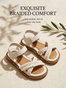 Adjustable Kids Sandals Girls Flats Shoes Off-White Woven Double Layer Cross Straps Fringe Edge Gold Bead Detail Non-Slip Sole Hook And Loop Closure For 3-12 Years Old - Beige - View 2