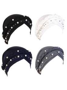 1pc New Milk Silk Solid Color Single Braid Cap With White Pearl, Muslim Turban Hat, Versatile For Daily Wear For Abayas Muslim Women - Multicolor - View 23