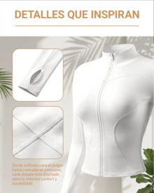 Chaqueta deportiva de manga larga con cremallera de color liso para mujer, corte ajustado y puños con abertura para el pulgar, ideal para fitness, yoga y running. - Blanco - Ver 3
