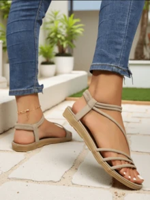 AWomen's Crisscross Strappy Flat Sandals – Elastic Ankle Strap Nude Beach Sandals, Lightweight Open Toe Summer Footwear For Vacation & Resort Wear - 卡其色 - 查看 3