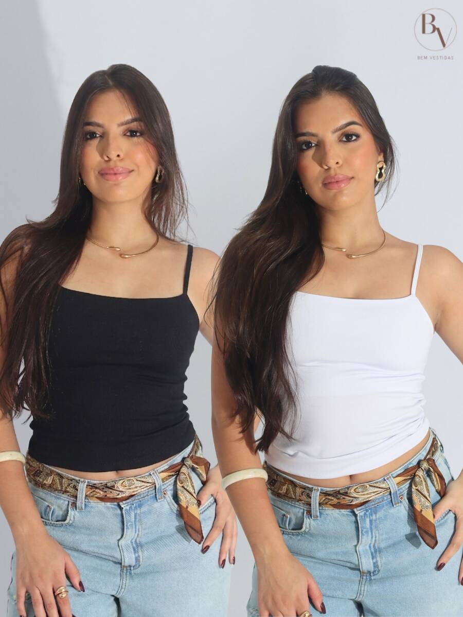 Kit Of 2 Women's Cropped Tank Tops, Basic Summer Style, Spandex - Black/White - View 1