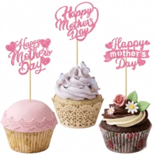 12/24 piezas de Toppers para cupcakes con purpurina rosa "Feliz Día de la Madre", decoraciones de pastel con forma de corazón, los mejores suministros para fiestas del Día de la Madre, decoración de mesa de postres para celebración del Día de la Madre - Día de la Madre - Ver 3