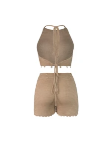 Women's Sexy Crop Top With Shell Design Spaghetti Strap Backless Knit Camisole And Matching Shell Design Casual Shorts 2-Piece Set Vacation - Khaki - View 7