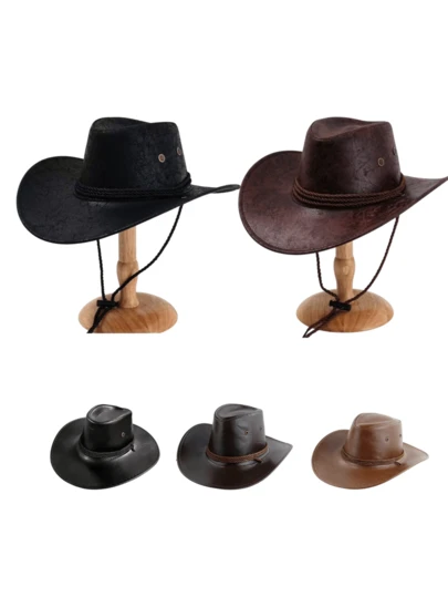1 Retro Solid Color PU Leather Hat For Back-To-School Season, Unisex, Western Cowboy Hat, With Windproof Rope, Suitable For Daily Outdoor Wear And Western Cowboy Theme Parties Music Festivals.