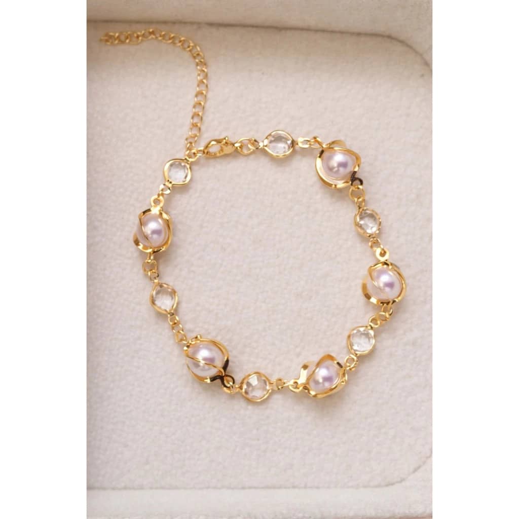 Women's Pearl Necklace + Earrings Set With Delicate Bracelet, 18k Gold Plated - Vòng tay vàng - Xem 1