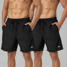Kit Of 2 Men's Lightweight Tactel Shorts, Quick-Drying, Comfortable For Training And Everyday Wear - 黑色/黑色 - 查看 1
