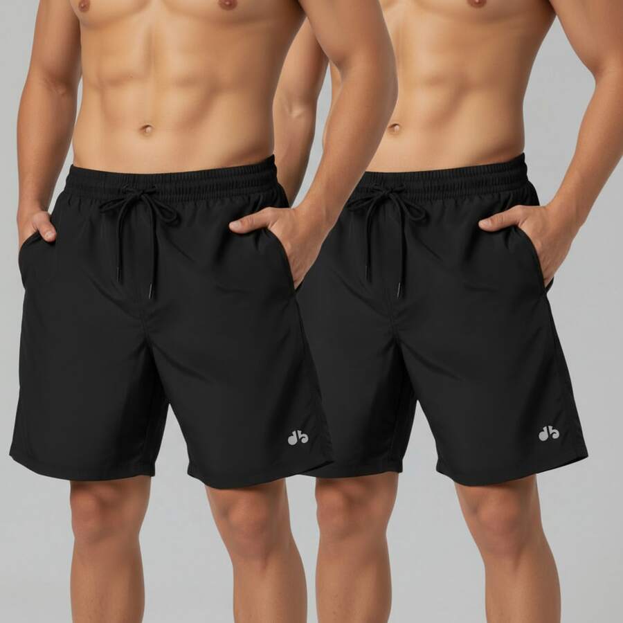 Kit Of 2 Men's Lightweight Tactel Shorts, Quick-Drying, Comfortable For Training And Everyday Wear - 黑色/黑色 - 查看 1