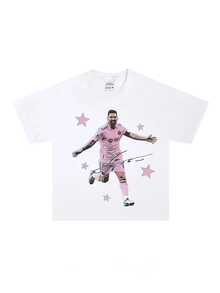 Vintage Mēssi 100% Cotton T-Shirt, Retro 90s Streetwear Soccer Star Signature & Pink Star Graphic Tee, Unisex Fan Short Sleeve Top - 白色 - 查看 1
