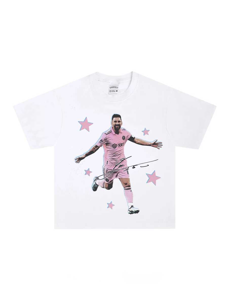 Vintage Mēssi 100% Cotton T-Shirt, Retro 90s Streetwear Soccer Star Signature & Pink Star Graphic Tee, Unisex Fan Short Sleeve Top - 白色 - 查看 1