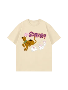 Whysmera SHEIN X SCOOBY-DOO 寬鬆短袖T恤，可愛卡通狗兔俏皮互動印花，美式復古俏皮風格 - 杏色 - 查看 3
