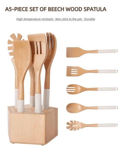 1 pieza/5 piezas Utensilios de cocina de madera natural de alta calidad, cucharas y espátulas resistentes al calor y antiadherentes, que incluyen cucharón, cuchara coladora, servidor de pasta, espátula ranurada, cuchara de cocina, tenedor de ensalada, herramientas de cocina adecuadas para la cocina, picnic al aire libre, regalo del Día de la Madre, regalo de Navidad, diversos regalos festivos