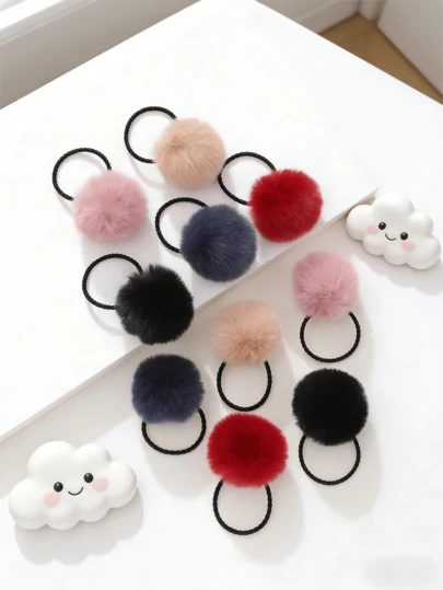 10pcs Cute Fluffy Pom Pom Hair Ties, Colorful Scrunchies, Gentle Hair Accessories For Kids & Babies