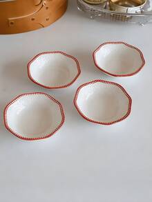 1pc Embossed Red Rim Ceramic Small Dish, Ins Style Snack Condiment Plate, Food Contact Tableware Dish, Suitable For Home, Restaurant, Gathering, Party - Red - View 11