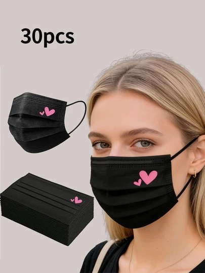 10/20/30pcs Set Cute Pink Heart Print Face Masks - Elastic Breathable Black Masks, Suitable For Women & Teens, Washable, Fashionable Daily Accessory, Interesting Design, Comfortable To Wear
