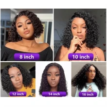 Curly Human Hair Wig With Bangs 13x4 Lace Short Water Wave Curly Glueless Wigs Layered Bob Wig Human Hair 250% Density Ready To Wear Wigs Glueless Human Hair For Women (12 Inch 1B Black) - Natural Black - 查看 11