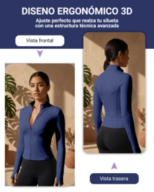 Chaqueta deportiva de manga larga con cremallera de color liso para mujer, corte ajustado y puños con abertura para el pulgar, ideal para fitness, yoga y running. - Azul Marino - Ver 8