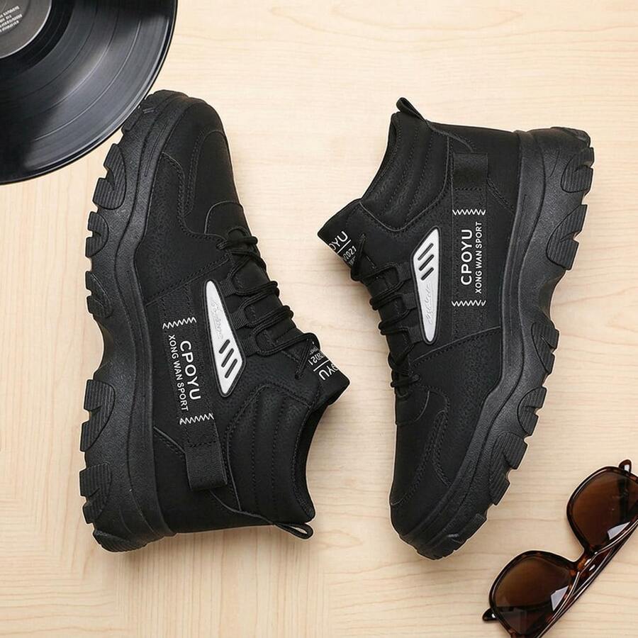 Botas de Montaña para Hombre Tenis para Hombre de PU con Suela de Goma Antideslizante Zapatos para Hombre Estilo Casual de Moda Urbana Tenis de Bota con Cordones y Suela Gruesa Cómodos y Transpirables para Senderismo y Caminar Calzado Deportivo Versátil con Diseño de Costuras y Alta Resistencia - Negro - Ver 1