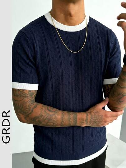  Camiseta de cuello redondo de manga corta casual y versátil con tejido trenzado para hombres GRDR