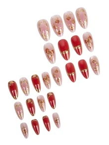 24Pcs Cat Eye Blush Medium Almond Press On Nails, 3D Gold Bow & Rose Flower Decor, Red Glossy Fake Nail Set, Perfect For Summer Dates - Red - View 4