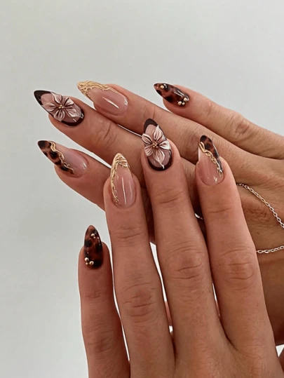 Y2K Pink-Brown Leopard Print Medium Almond-Shaped Press-On Acrylic Nail Art, 24 Pieces With 3D Three-Dimensional Flowers And Gold Line Bead Decorations On The False Nail Tips, DIY Handmade Nail Art Stickers, Includes Gel And Nail File, Suitable For Women's Daily Commute, Parties And Festive Celebrations.