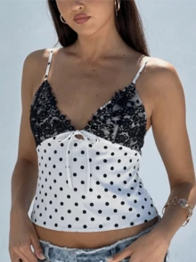 女士缎面蕾丝吊带性感上衣，波点缎面蕾丝拼接衬衫，适合夜间外出、海滩度假、休闲白色夏季穿着 - 白色 - 查看 5