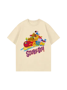 Whysmera SHEIN X SCOOBY-DOO Oversize Short Sleeve T-Shirt, Fun Cartoon Dog & Animal Train Combo Print, American Retro Playful Style - Apricot - View 3