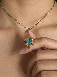 MECYLIFE 1pc European And American Fashion Stainless Steel Sunburst Pendant Necklace, Plated, Suitable For Daily Wear - Star - View 1