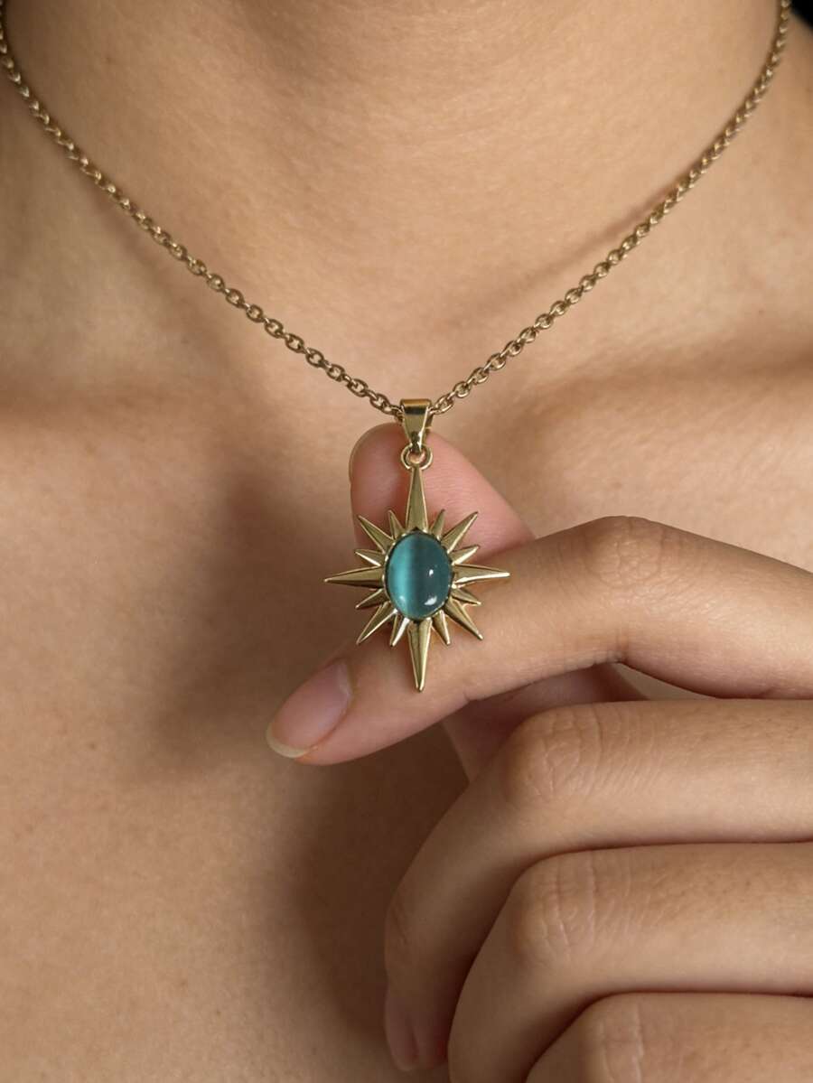 MECYLIFE 1pc European And American Fashion Stainless Steel Sunburst Pendant Necklace, Plated, Suitable For Daily Wear - Star - View 1