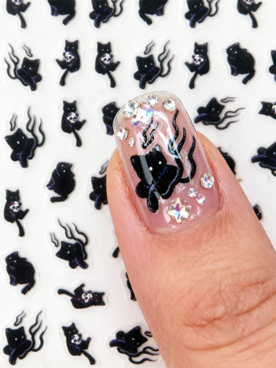 1pc Durable Nail Sticker, Dark Cartoon Black Cat Nail Art Decal, Cute & Cool Decoration, Easy Application, Long-Lasting, Ideal For Daily Wear And Party Nail Stickers - Multicolor - View 1