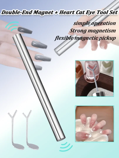 3pcs 2-In-1 Heart Shaped Cat Eye Magnet Pen For Nail Art, 3D Magnetic Stick Dual-Ended Tool For Gel Polish, DIY Nail Design For Salon Home Studio