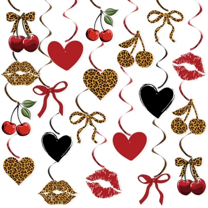 猎豹樱桃主题生日派对装饰，豹纹漩涡装饰，红黑猎豹樱桃图案卡片，野生动物主题生日派对装饰